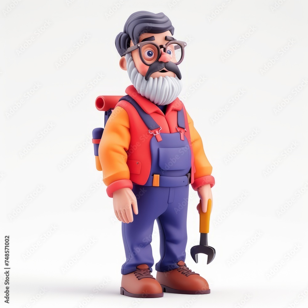 Elderly clay animation character wearing a mechanic's overalls and holding a wrench, on an isolated white background , Generative AI Elderly clay animation character wearing a mechanic's overalls and holding a wrench, on an isolated white background , Generative AI