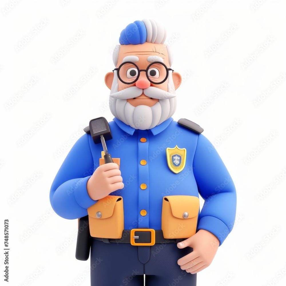 Obraz premium Elderly clay animation character wearing a pilot's uniform with aviator sunglasses, holding a flight plan, on an isolated white background, Generative AI