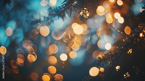 Abstract background with blurred Christmas lights and dark blue spruce branches. © Netflix