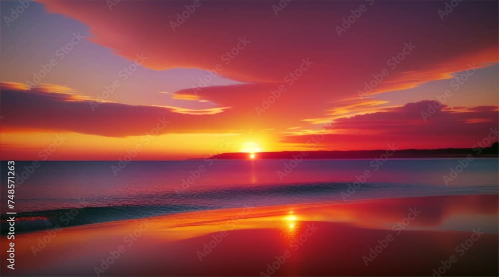Beautiful sunset reflecting on the tranquil sea, painting the sky in shades of orange and red, creating a stunning evening landscape Beautiful sunset reflecting on the tranquil sea, painting the sky in shades of orange and red, creating a stunning evening landscape