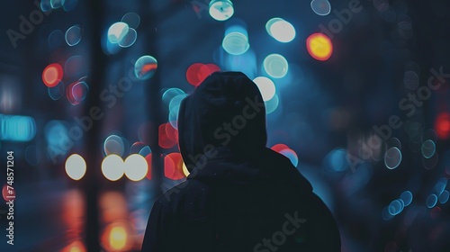 A man in a black hoodie stands alone at night, looking out over a city. The lights of the city are blurred in the background.