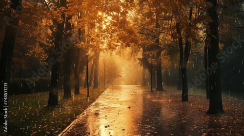 the sun shines through the trees on a rainy day in a park with fallen leaves on the ground and a wet sidewalk in the foreground.