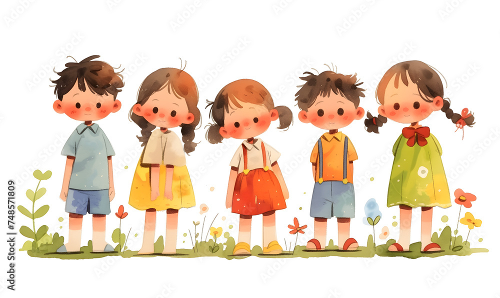 Cute cartoon children standing in a row, Generative AI Cute cartoon children standing in a row, Generative AI