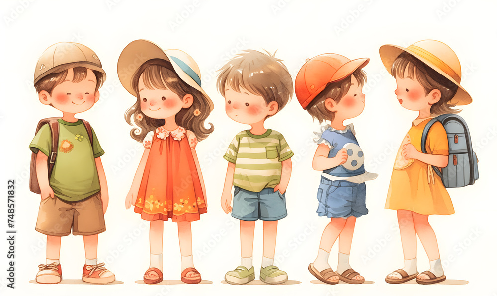 Cute cartoon children standing in a row, Generative AI Cute cartoon children standing in a row, Generative AI