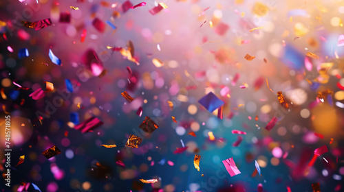 Colorful confetti falling down  blurry celebration scene