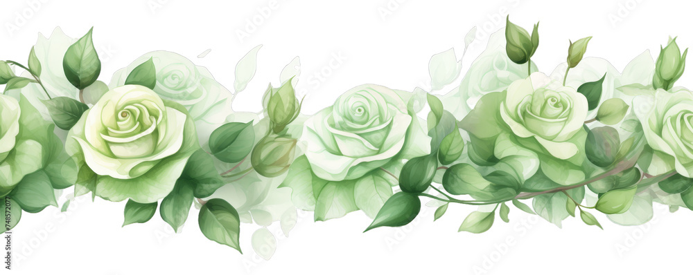 Watercolor background banner of green rose isolated on a white background as transparent PNG