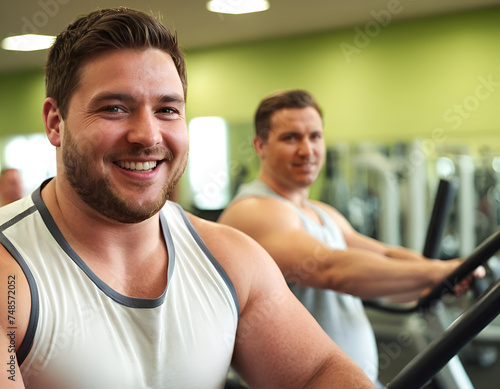 Portrait of an overweight man in the gym. Smiling plus size man doing sports in the gym. Healthcare concept. Generated by AI.