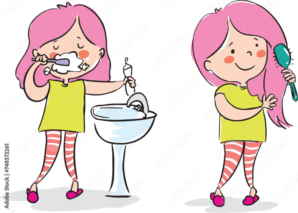 Little girl combing her hair. Little girl brushing her teeth. Little girl combing her hair. Little girl brushing her teeth.
