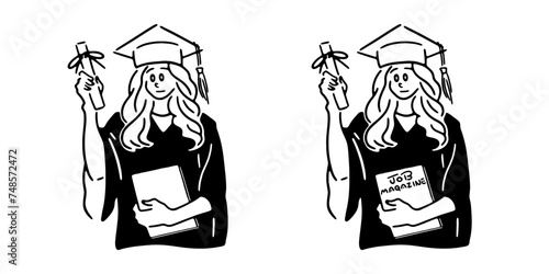 卒業証書を手にし笑顔の女子学生の線画イラスト
