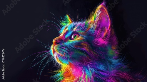 a close up of a cat  with a multicolored pattern on the cat .