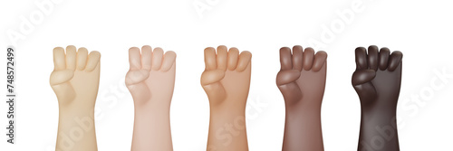 3D illustration of hands with different skin colors clenching fists isolated on transparent background 