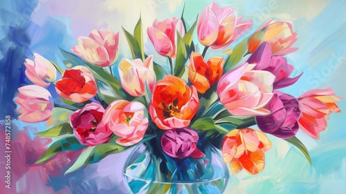 Beautiful painting of a posh bouquet of spring tulips in a vase done with acrylic paint in pastel colors. Still life hand painted oil picture #748572858