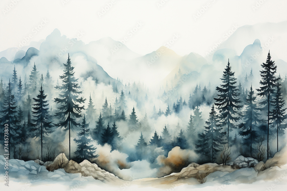 Serene watercolor forest landscape with majestic mountains pine trees and lush greenery generative Forest silhouette background watercolor painting of a spruce forest Generative Ai - obrazy, fototapety, plakaty 
