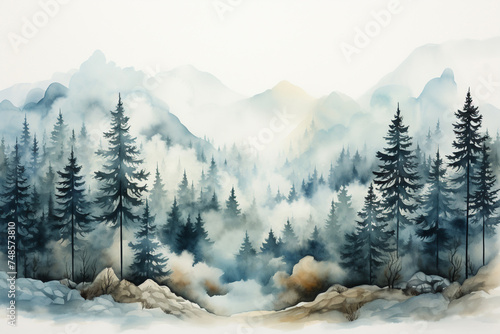 Serene watercolor forest landscape with majestic mountains pine trees and lush greenery generative Forest silhouette background watercolor painting of a spruce forest Generative Ai © AbdullahAl