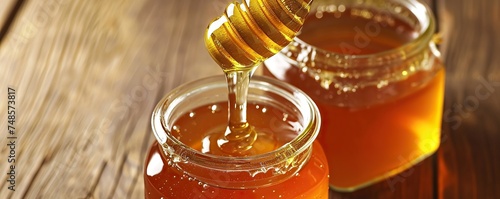 Honey is put in a glass on a wooden table.