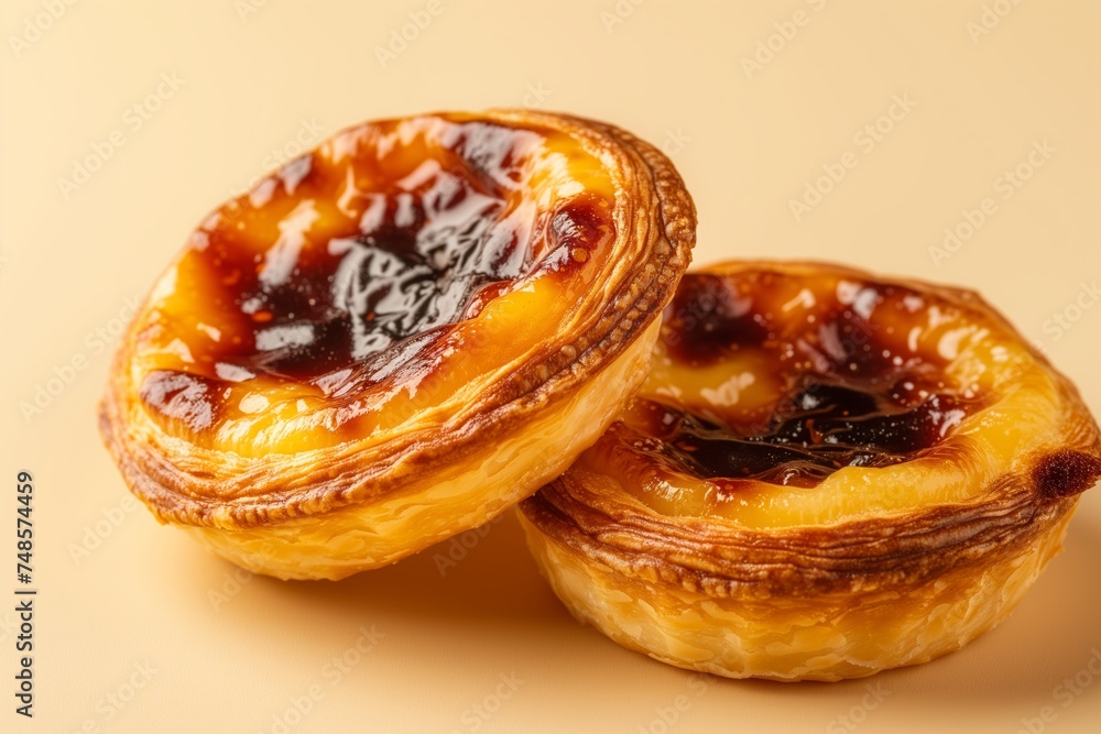 Traditional portuguese vanilla pudding puff pastry pastel de nata on the beige colored seamless studio background Traditional portuguese vanilla pudding puff pastry pastel de nata on the beige colored seamless studio background