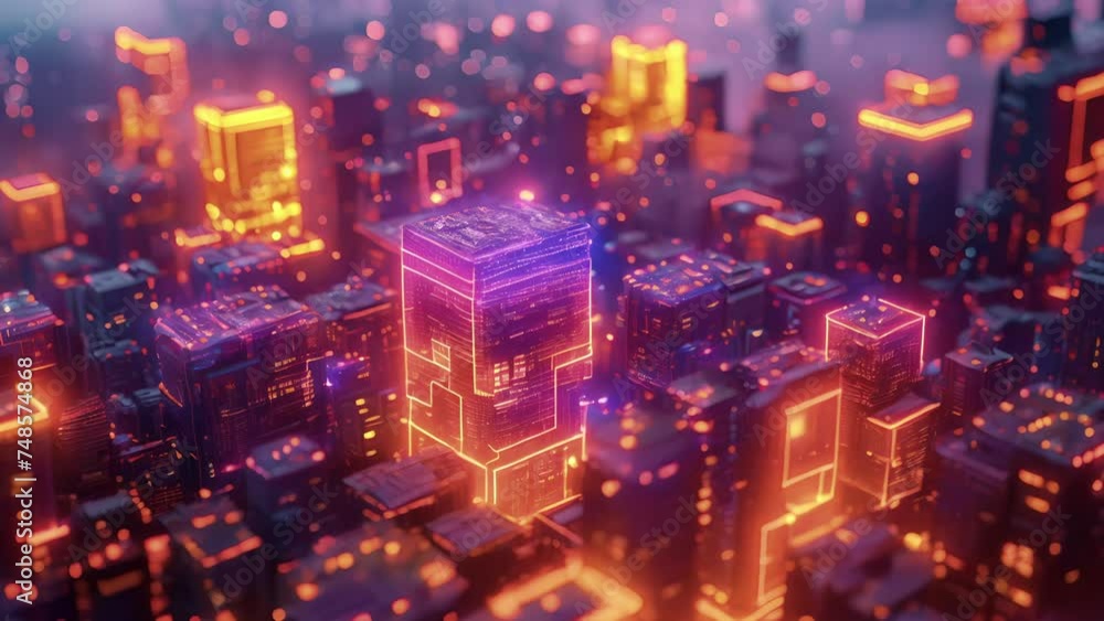 A topdown view of a futuristic cityscape is presented with a grid of colorful data blocks that represent key financial indicators. The interactive dashboard allows users to A topdown view of a futuristic cityscape is presented with a grid of colorful data blocks that represent key financial indicators. The interactive dashboard allows users to