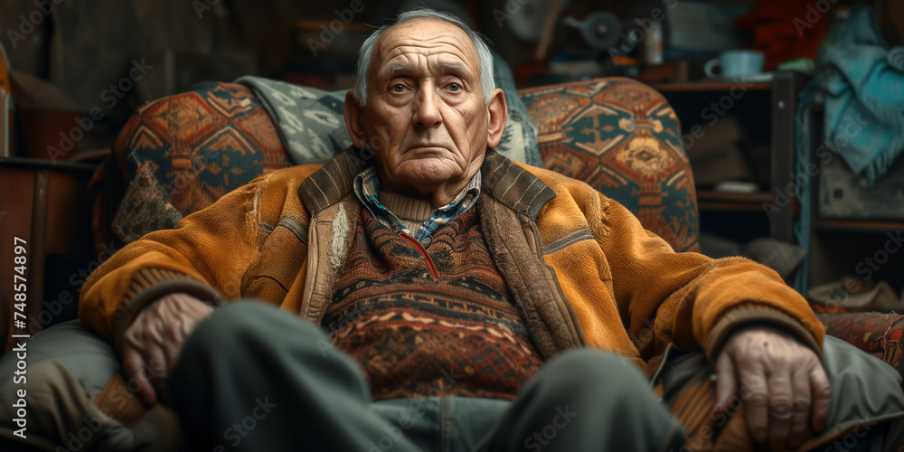 An old man sitting on a sofa feeling sad and lonely An old man sitting on a sofa feeling sad and lonely