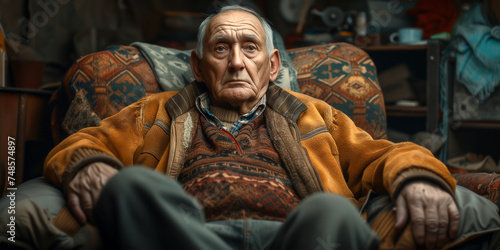 An old man sitting on a sofa feeling sad and lonely