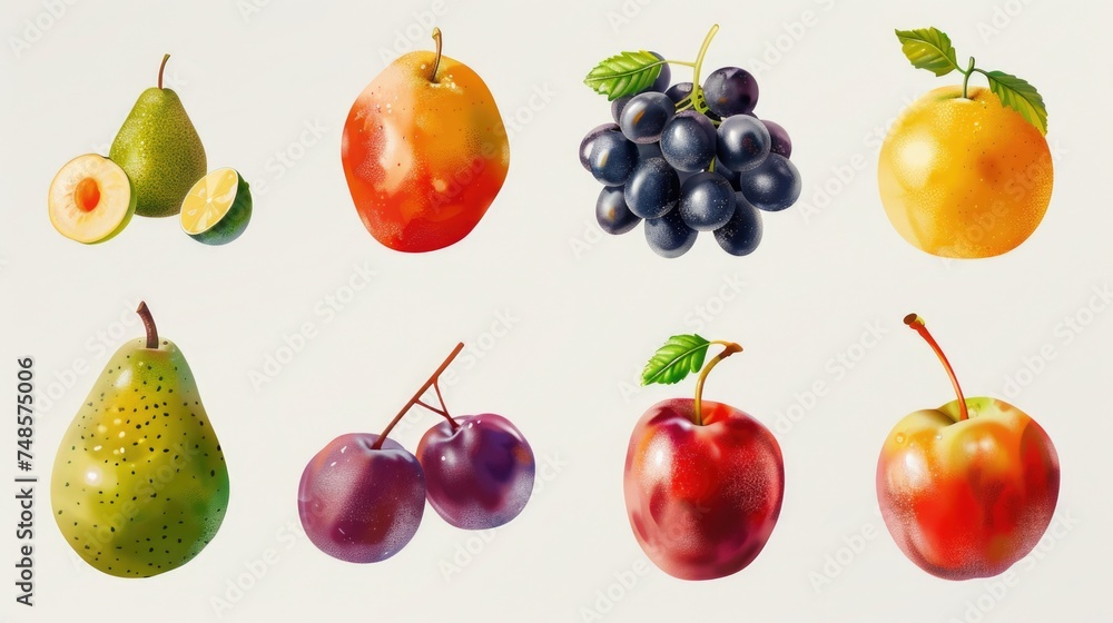 Assorted fruits displayed on a white background, suitable for multiple uses Assorted fruits displayed on a white background, suitable for multiple uses