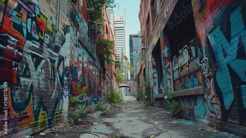 Urban alley with colorful graffiti, perfect for cityscape backgrounds