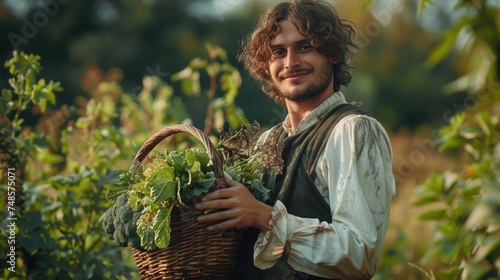 A man holding a basket of fresh vegetables in a field. Perfect for agricultural concepts