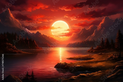 Serene Red sunset view. Summer light. Generate Ai