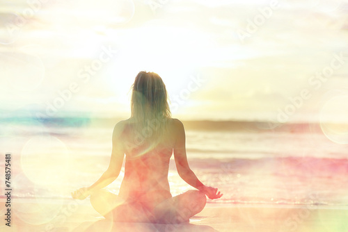 silhouette of a girl at sea, a woman beach meditation at sunset