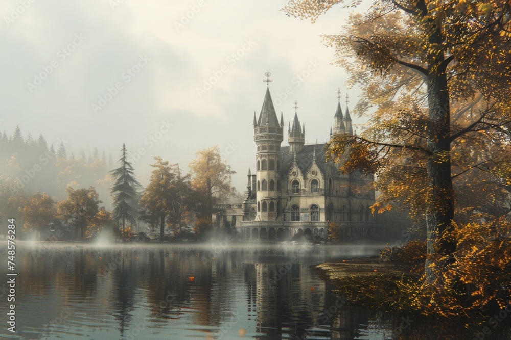 A large castle sitting on top of a lake. Perfect for travel brochures A large castle sitting on top of a lake. Perfect for travel brochures