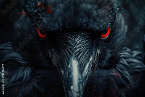 Close up of a black bird with striking red eyes, suitable for Halloween themes