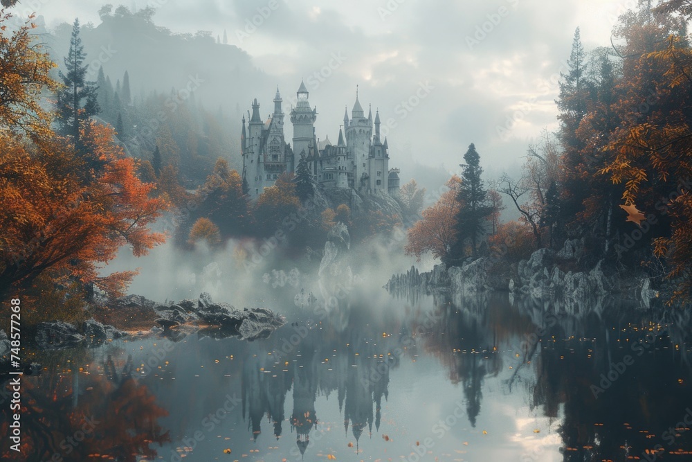 A castle in the middle of a lake, perfect for fantasy and nature themes