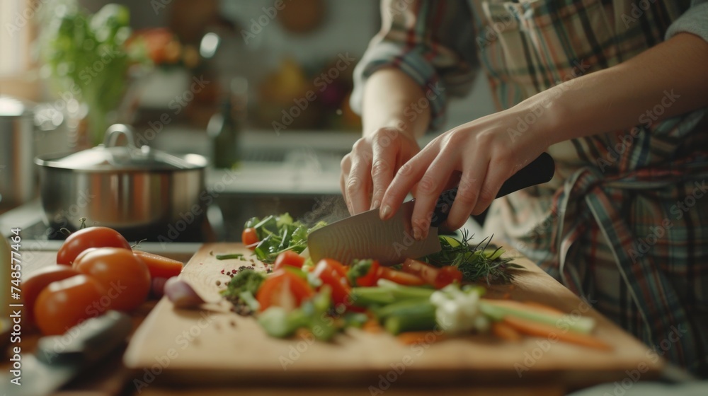 A person slicing vegetables on a cutting board. Suitable for cooking or healthy eating concepts