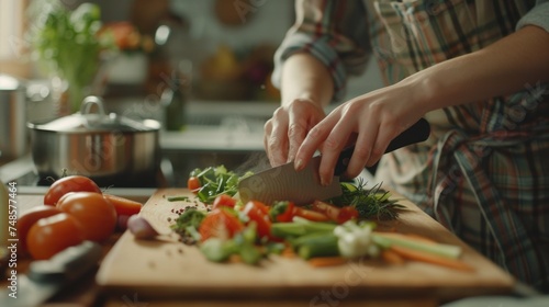 A person slicing vegetables on a cutting board. Suitable for cooking or healthy eating concepts