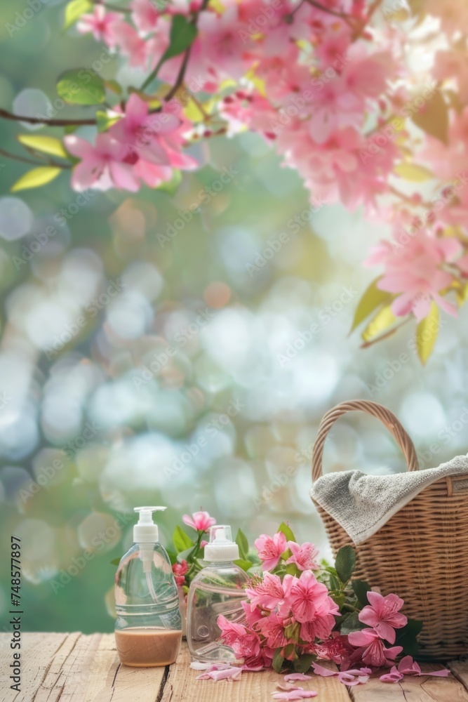Fresh flowers in a wicker basket with a bottle of lotion, perfect for spa or beauty concept Fresh flowers in a wicker basket with a bottle of lotion, perfect for spa or beauty concept