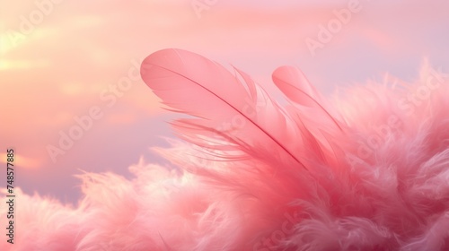 a close up pink feather in front blue sky with a yellow sun in the back ground. photo