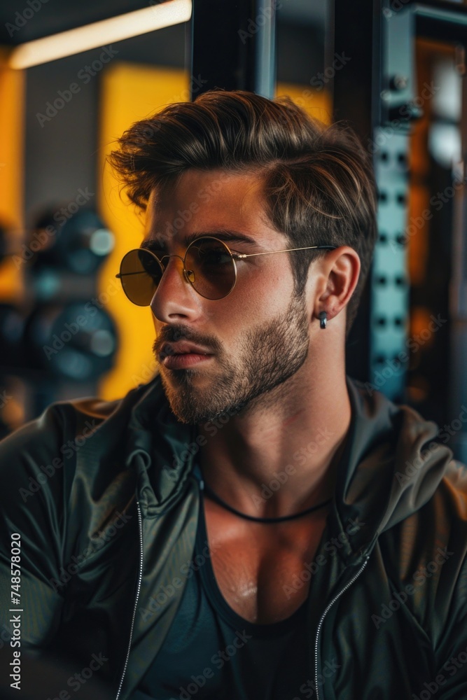 A man with a beard and sunglasses working out in a gym. Suitable for fitness and lifestyle concepts A man with a beard and sunglasses working out in a gym. Suitable for fitness and lifestyle concepts