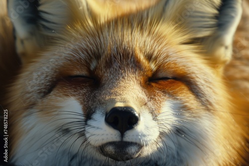 A close up of a fox's face with its eyes closed. Suitable for nature and wildlife themes