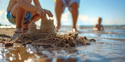 A child's hand building a s...