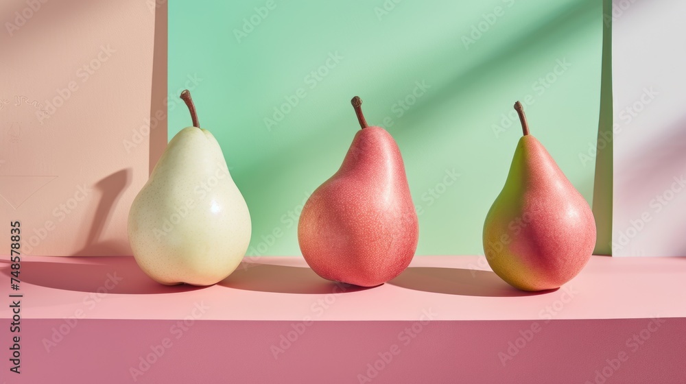 a group of three pears sitting next to each other on a pink shelf with a green and pink background.
