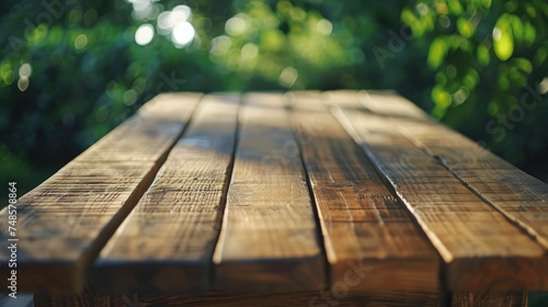 Close-up of a wooden table with trees in the background. Suitable for nature and outdoor themed designs