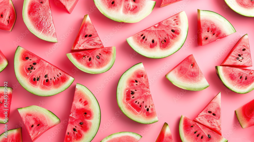 a group of slices of watermelon are arranged on a pink surface with black dots on the top of the slices. a group of slices of watermelon are arranged on a pink surface with black dots on the top of the slices.