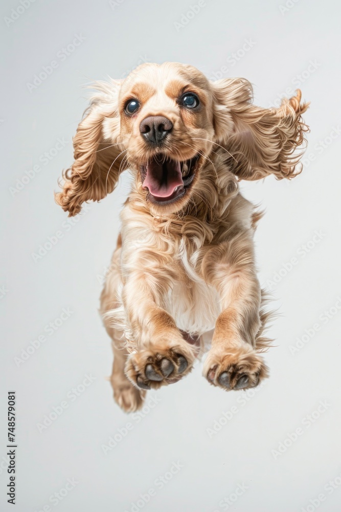 Energetic dog captured mid-air with mouth open, suitable for pet and action-themed projects