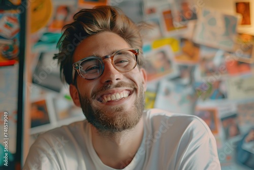 A man with glasses and a beard smiling. Suitable for various projects