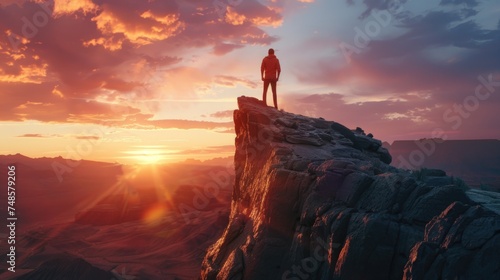 A man standing on top of a mountain at sunset. Perfect for outdoor and adventure concepts © Fotograf