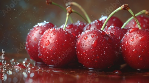a group of cherries sitting on top of a table covered in raindrops with water droplets on them.