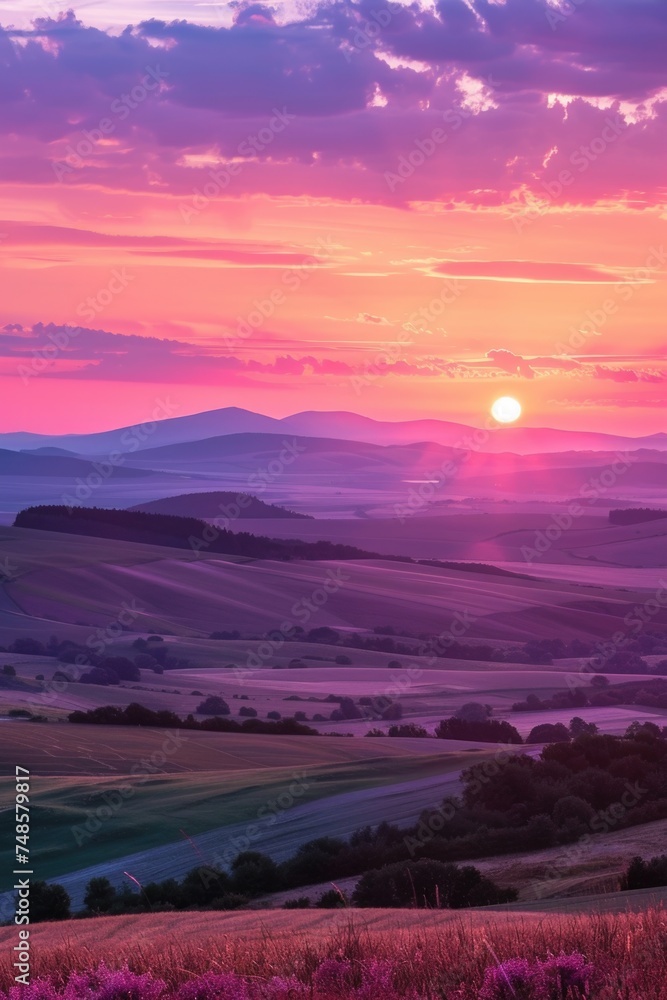 Beautiful sunset over picturesque hills, perfect for nature and landscape themes