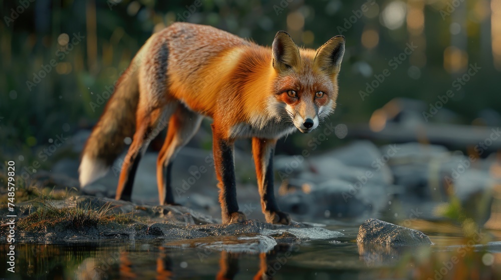 A fox standing on a rock next to a body of water. Suitable for nature and wildlife concepts