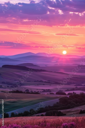 Beautiful sunset over picturesque hills, perfect for nature and landscape themes © Fotograf