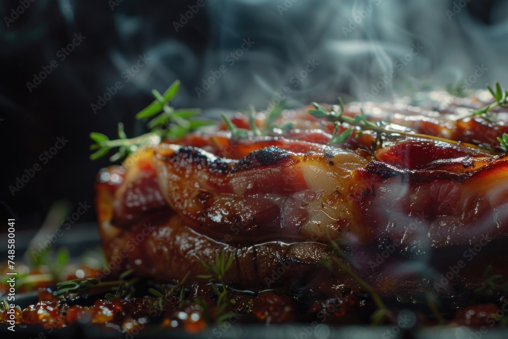 A piece of meat cooking on a grill. Suitable for food blogs or restaurant promotions