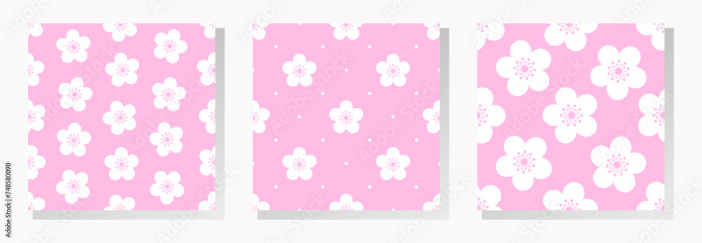 White sakura flowers on pink background. Floral vector seamless patterns collection. Best for textile, wallpapers, wrapping paper, package and your design.